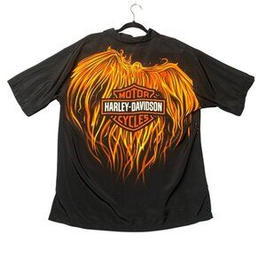 Harley Davidson Mens Large Eagle And Flames Button Up Camp Shirt Motorcycles EUC